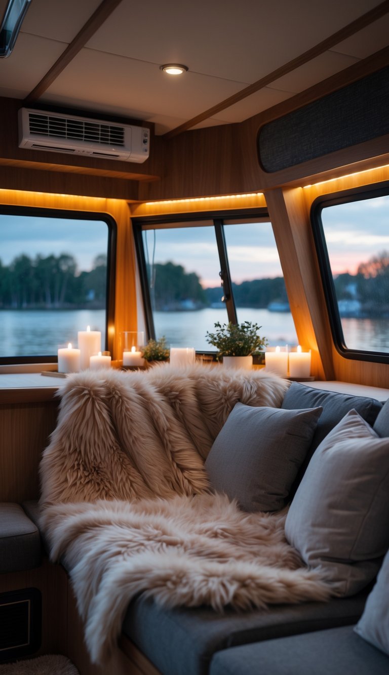 Cozy houseboat interior with a faux fur throw blanket on a seating area and a view of the water through large windows.