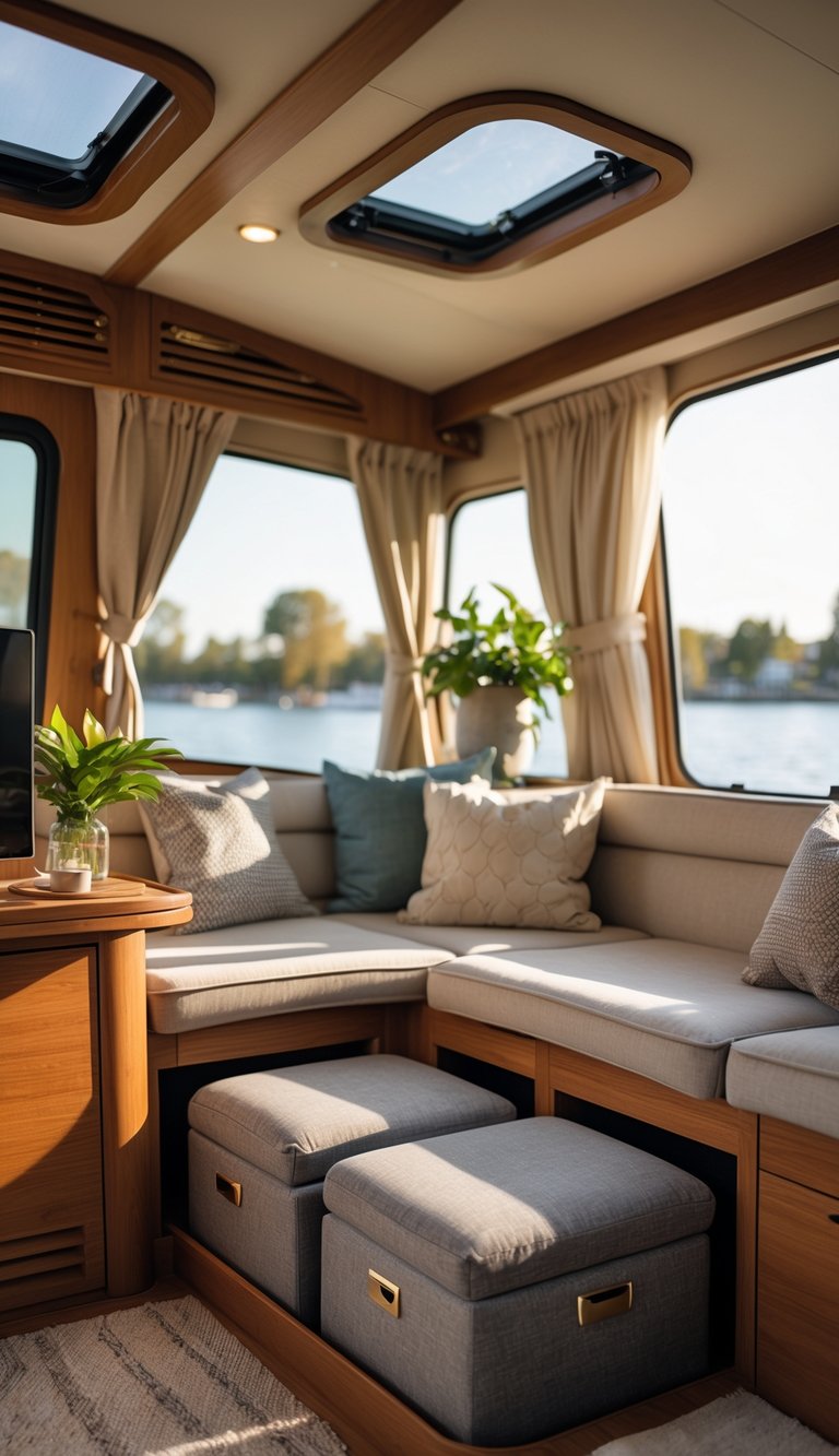 Cozy houseboat interior with hidden storage ottomans, warm lighting, and comfortable seating designed for couples.