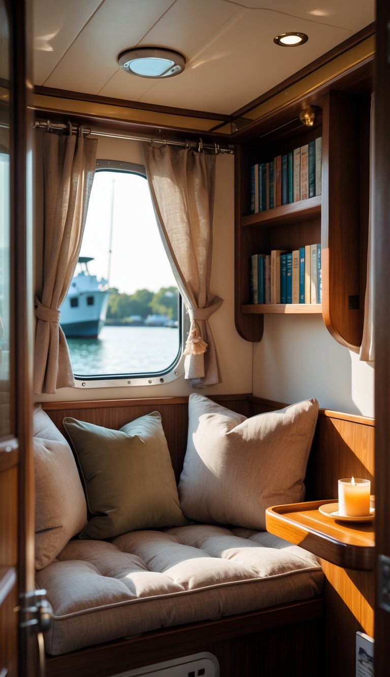 A small cozy reading nook inside a houseboat with a cushioned bench, pillows, a bookshelf, and a side table with a cup and candle.