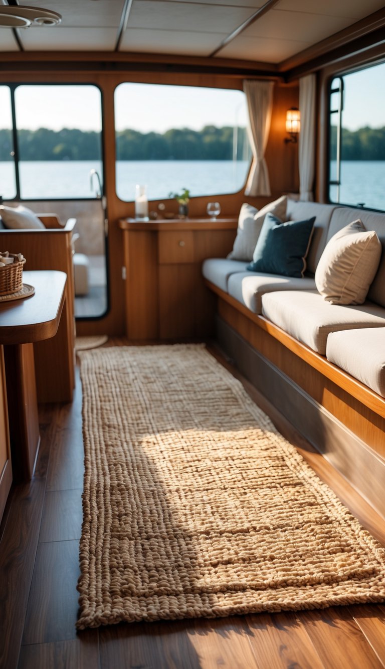Cozy houseboat interior with natural fiber rugs, comfortable seating, wooden accents, and large windows overlooking calm water.