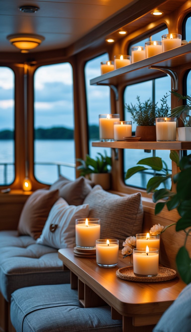 A cozy houseboat interior with scented candles, comfortable seating, wooden shelves, and a view of the water through large windows.