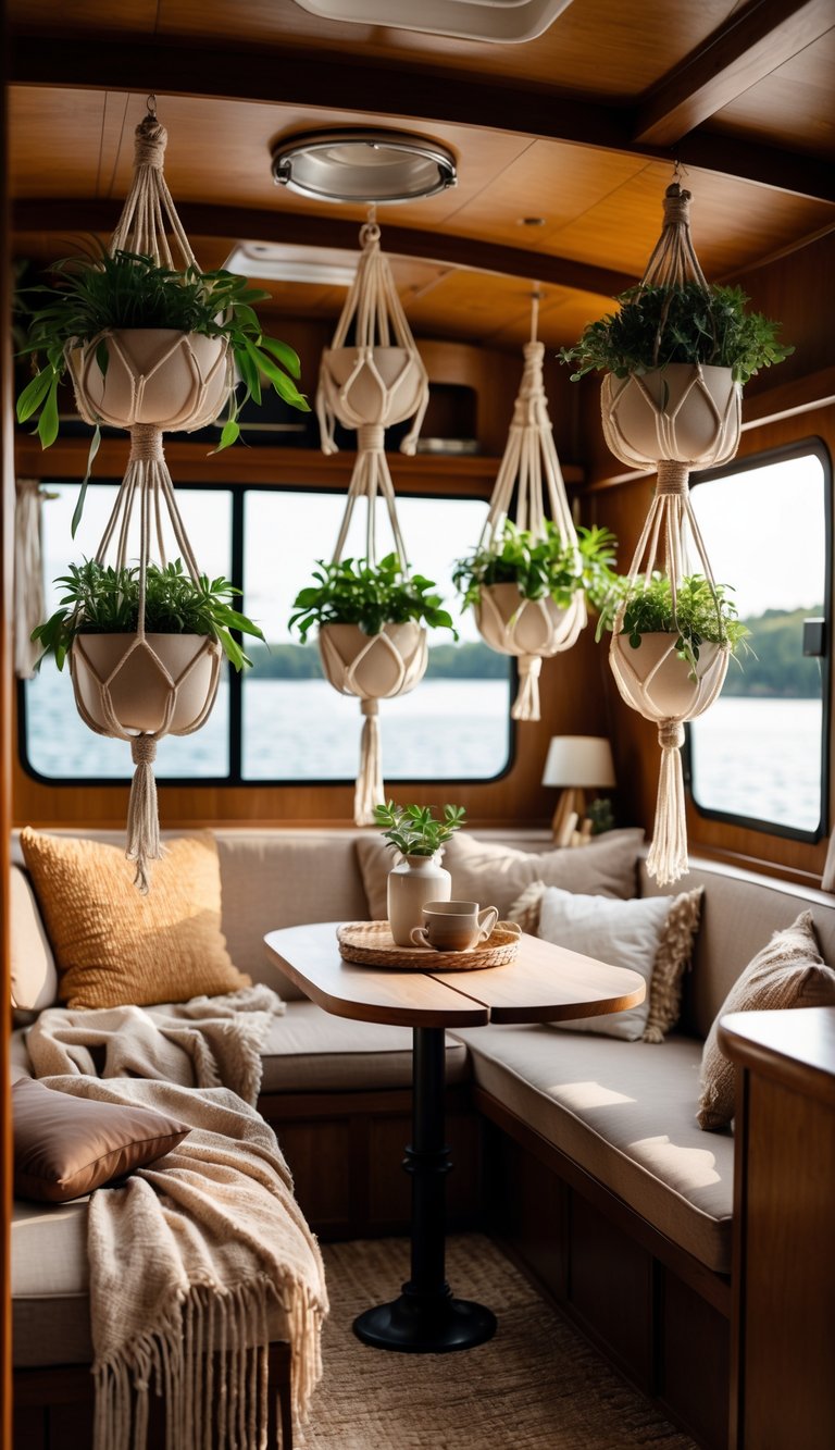 Cozy houseboat interior with hanging macramé planters and a small seating area for two.