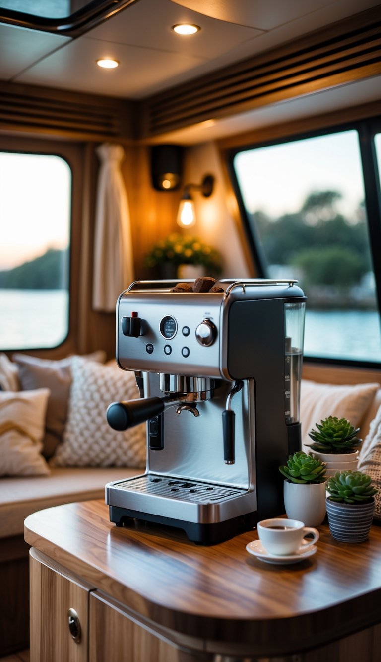 Compact espresso machine on a wooden countertop inside a cozy houseboat interior with romantic decor and a view of water through large windows.