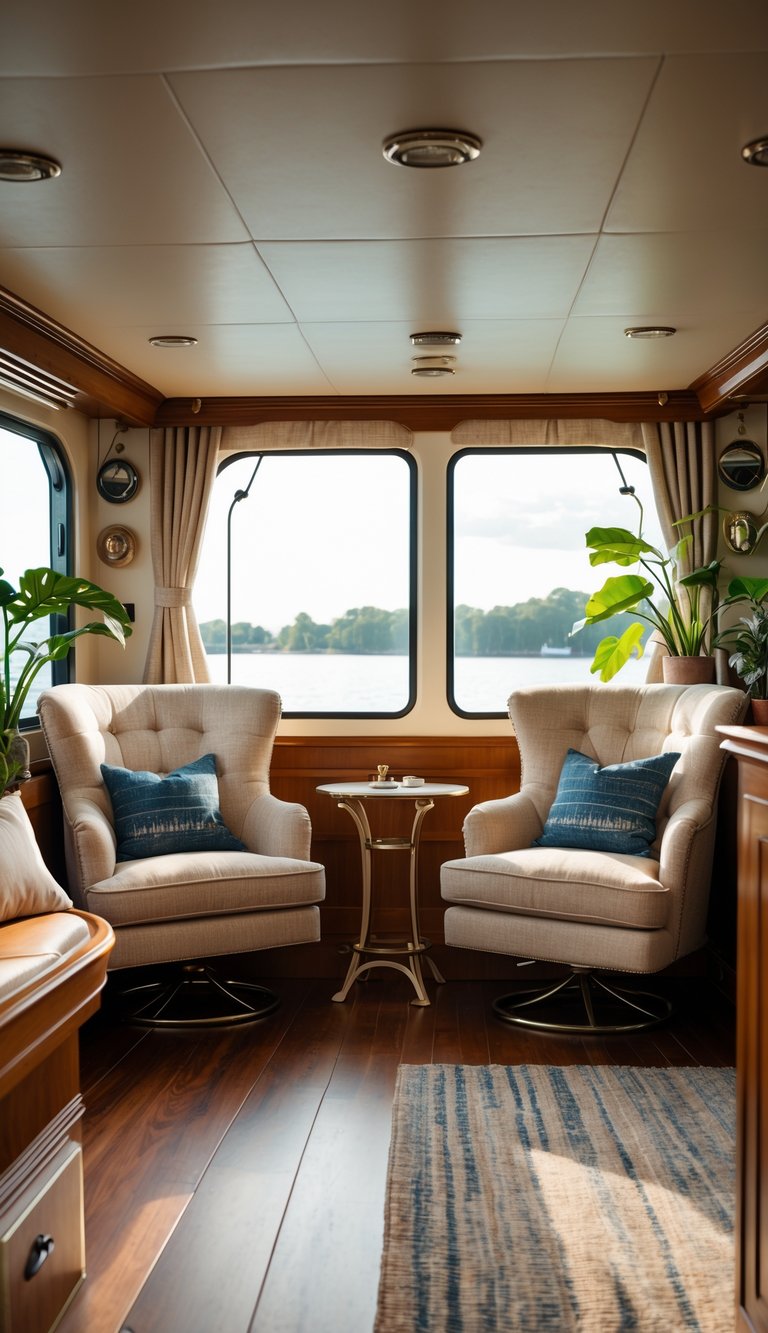 Two twin swivel chairs inside a cozy houseboat interior with a window and soft natural light.