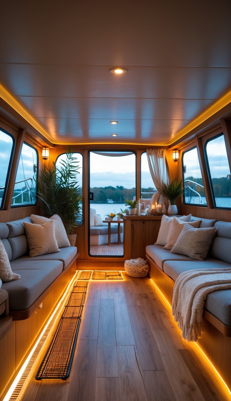 Interior of a cozy houseboat living area with wooden floors, soft seating, large windows showing water, and warm ambient lighting.