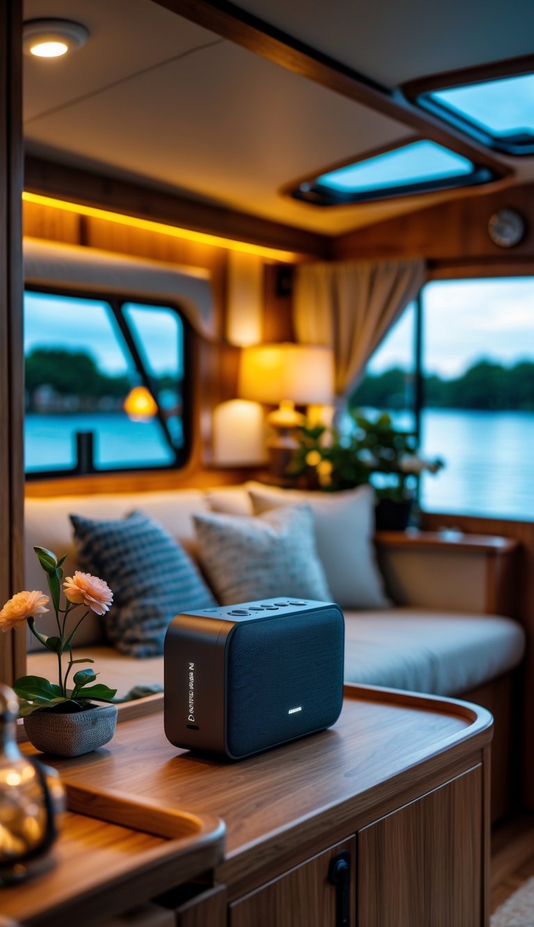 A cozy houseboat interior with warm lighting, comfortable seating, a portable Bluetooth speaker on a wooden surface, and large windows showing water outside.