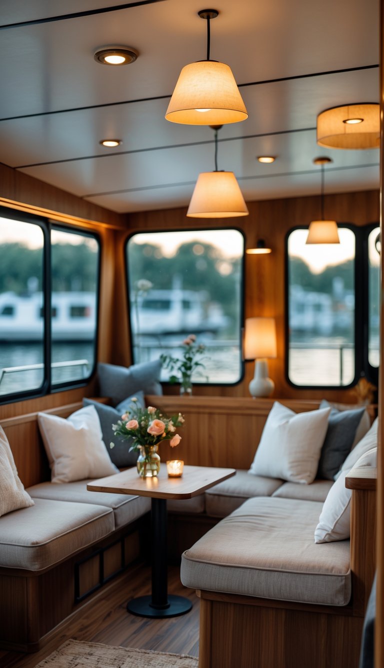 Cozy houseboat interior with hanging pendant lamps, wooden furniture, and a small table with flowers, overlooking water through large windows.