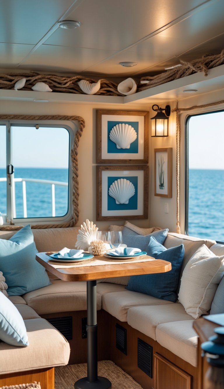 Cozy houseboat interior with seaside shell decorations, ocean view through large windows, and a small dining area set for two.