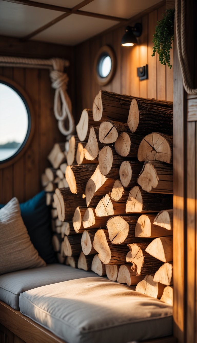 A cozy corner inside a houseboat with neatly stacked firewood against a wooden wall and soft lighting.