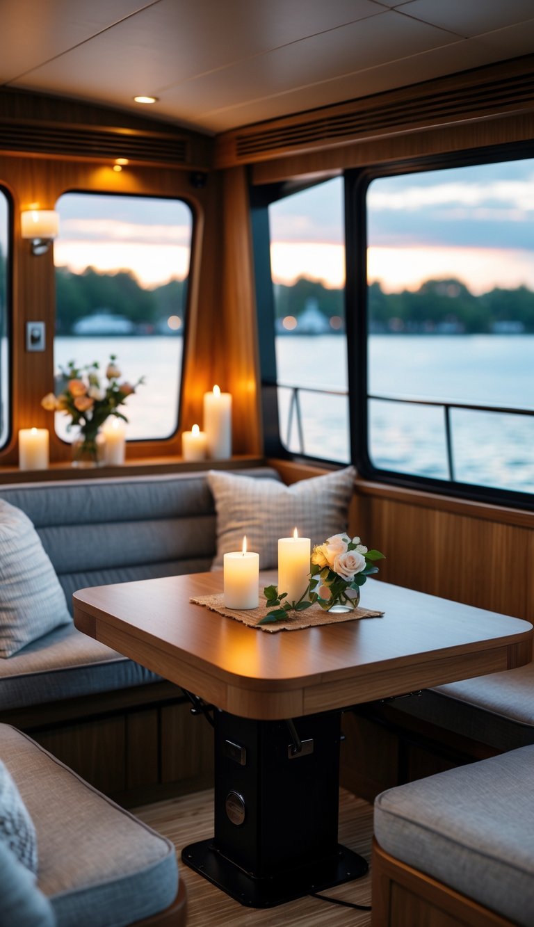 Cozy houseboat interior with a convertible coffee table, comfortable seating, warm lighting, and large windows overlooking water.