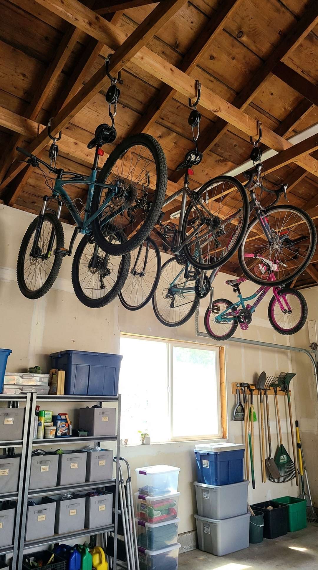 Bikes hanging from ceiling hooks