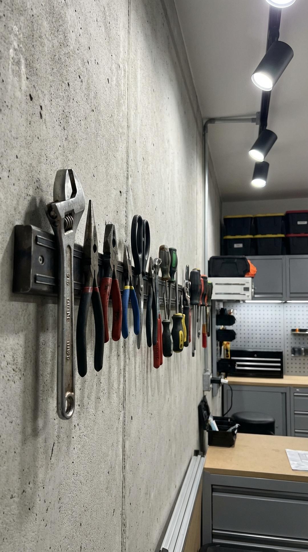 Magnetic strips holding metal tools on wall