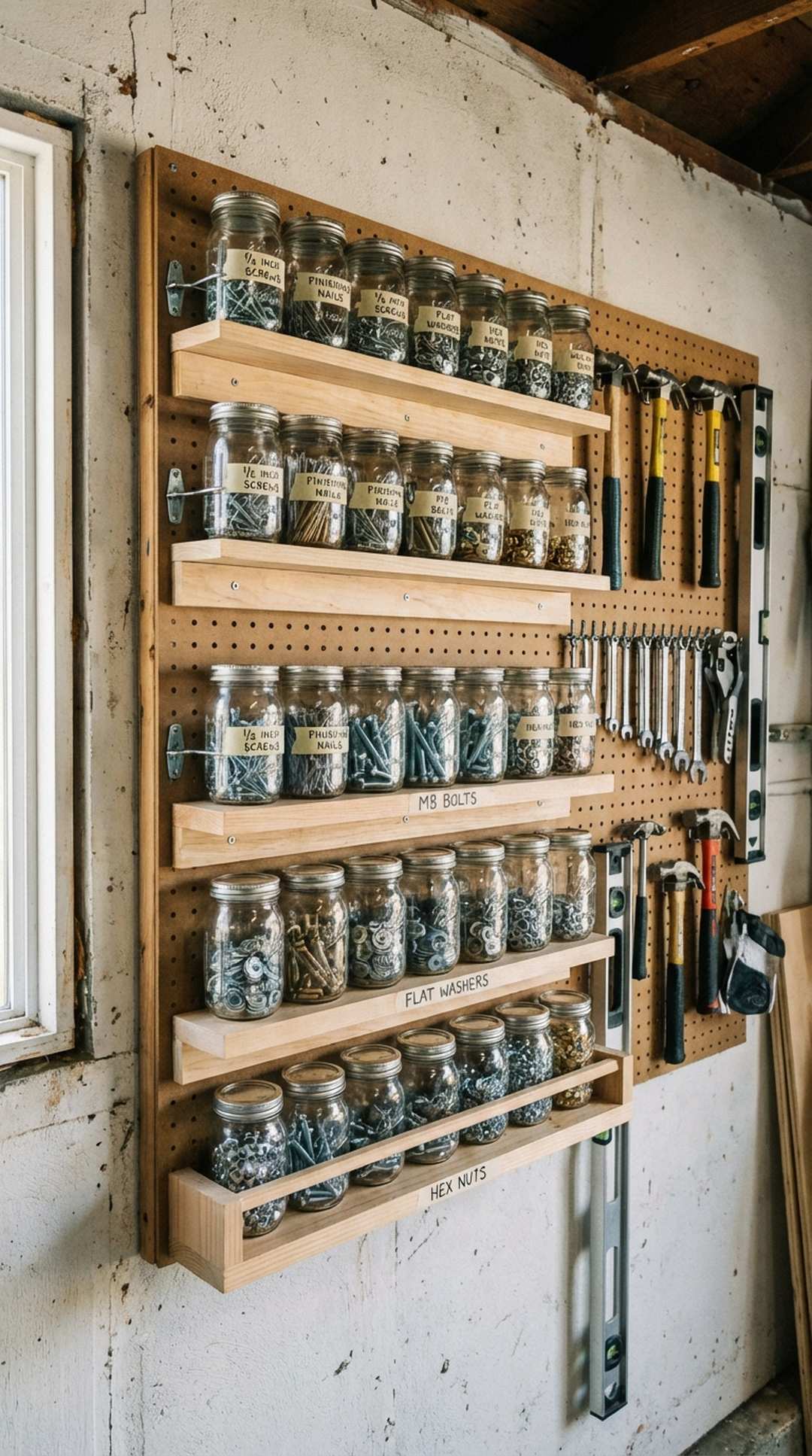 Mason jars storing screws and hardware
