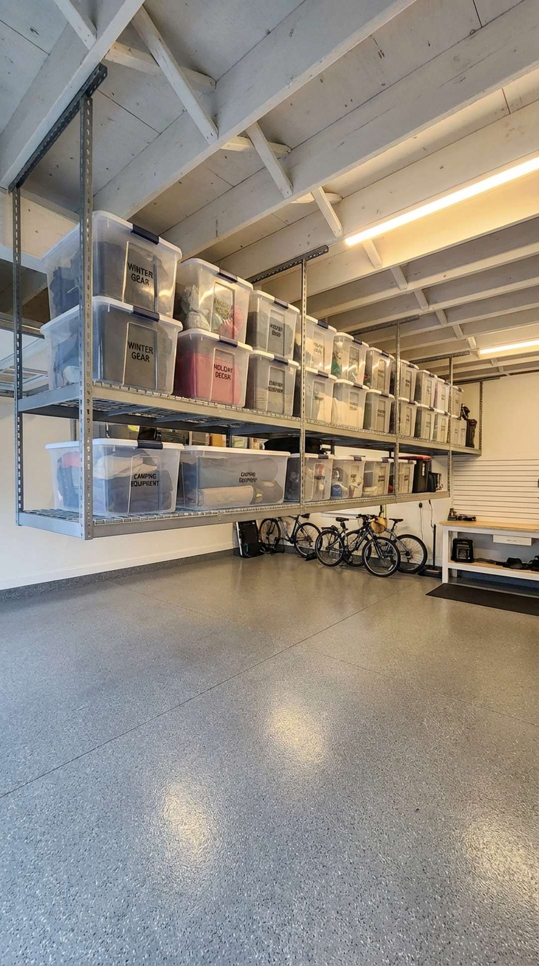 Overhead storage racks with seasonal items