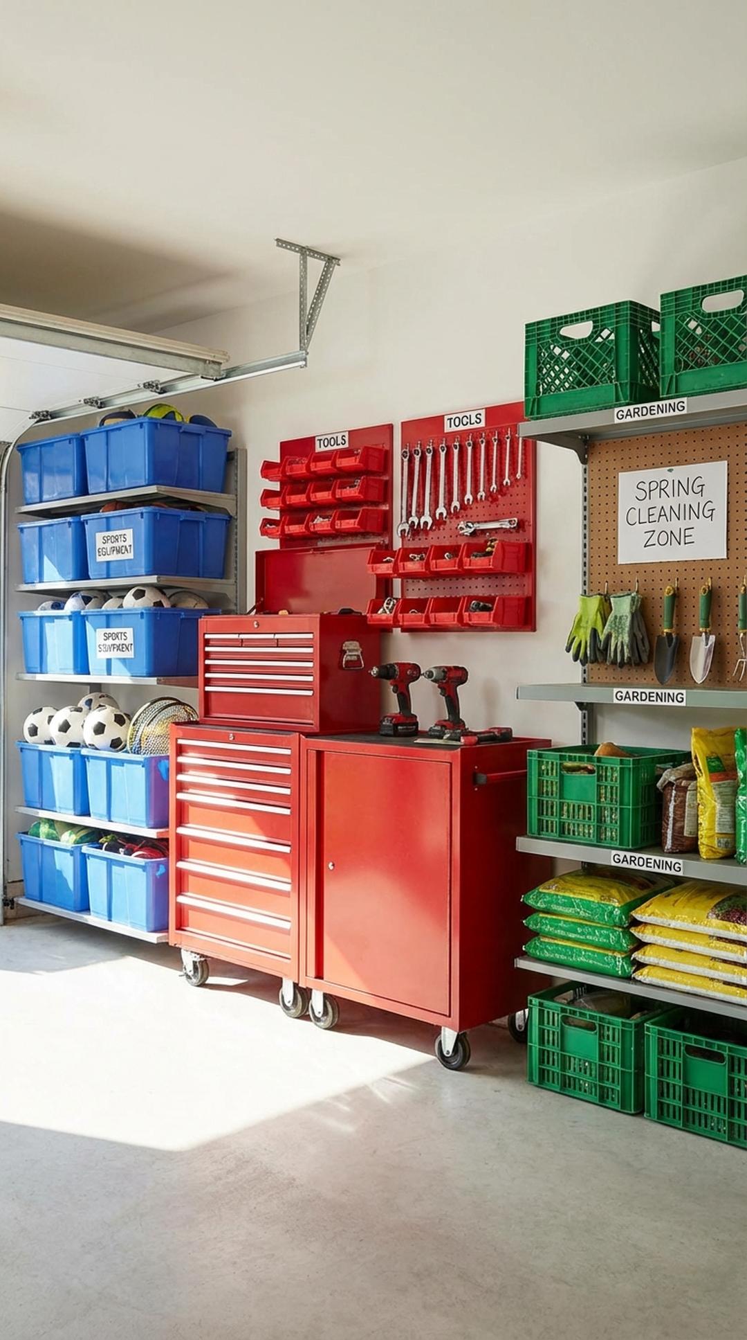 Color-coded storage bins in garage zones