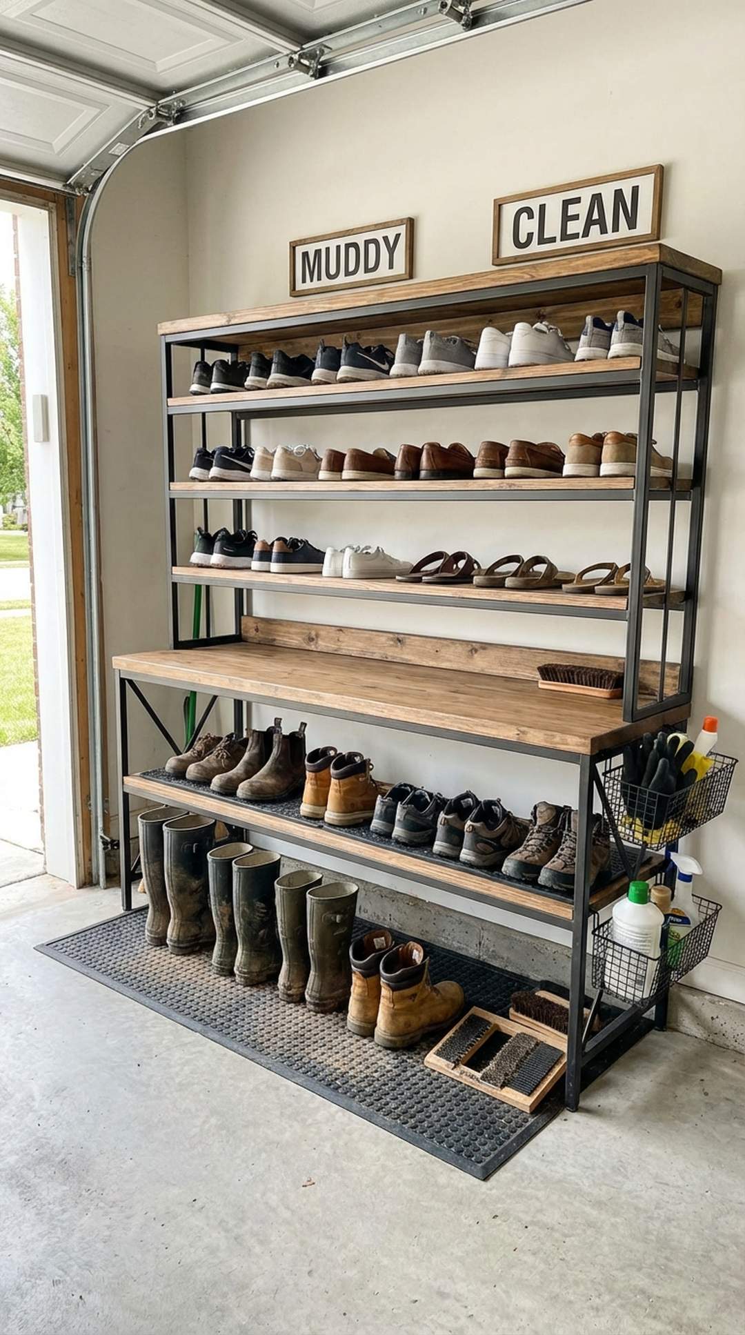 Organized shoe and boot rack near garage entrance