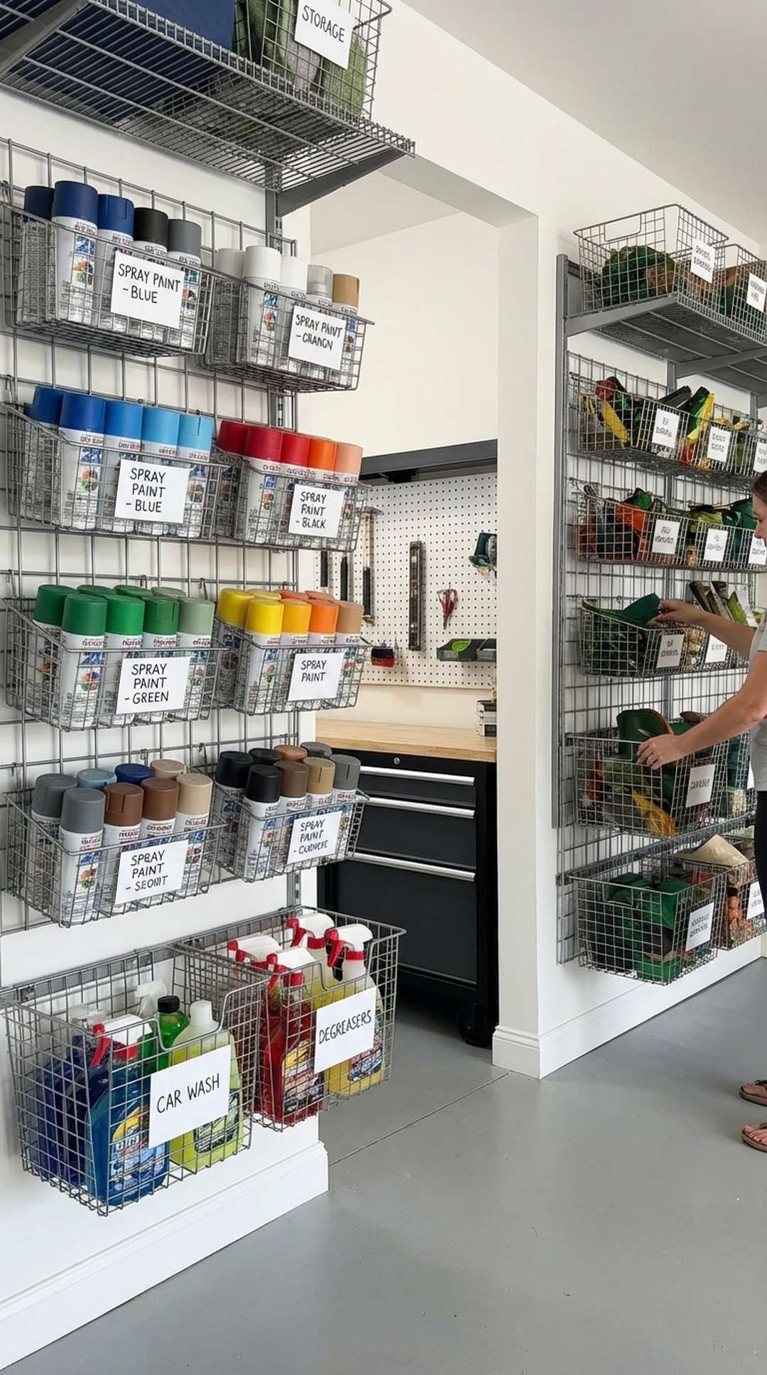 Wire baskets holding organized garage supplies