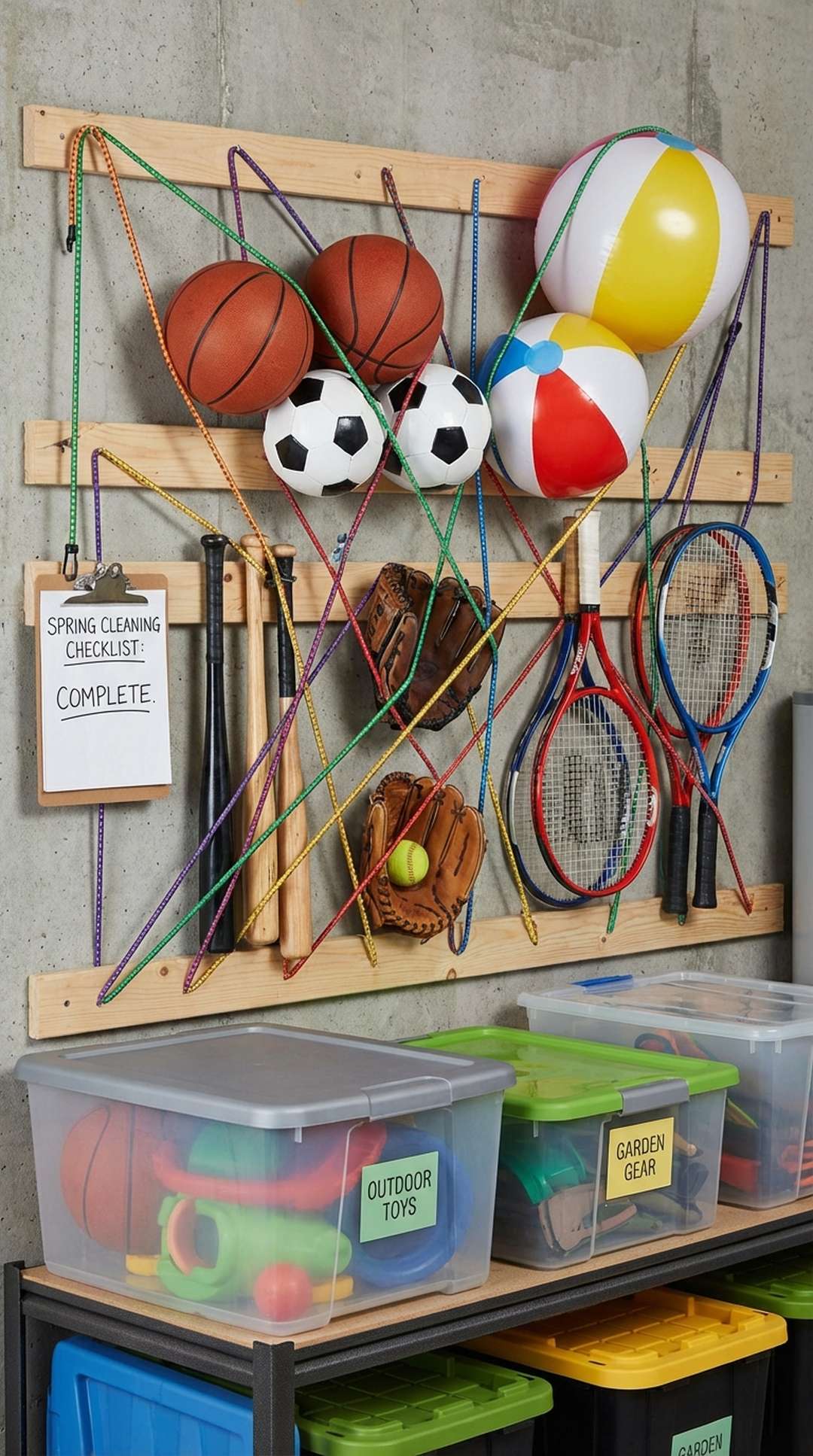 Bungee cords holding sports equipment on wall