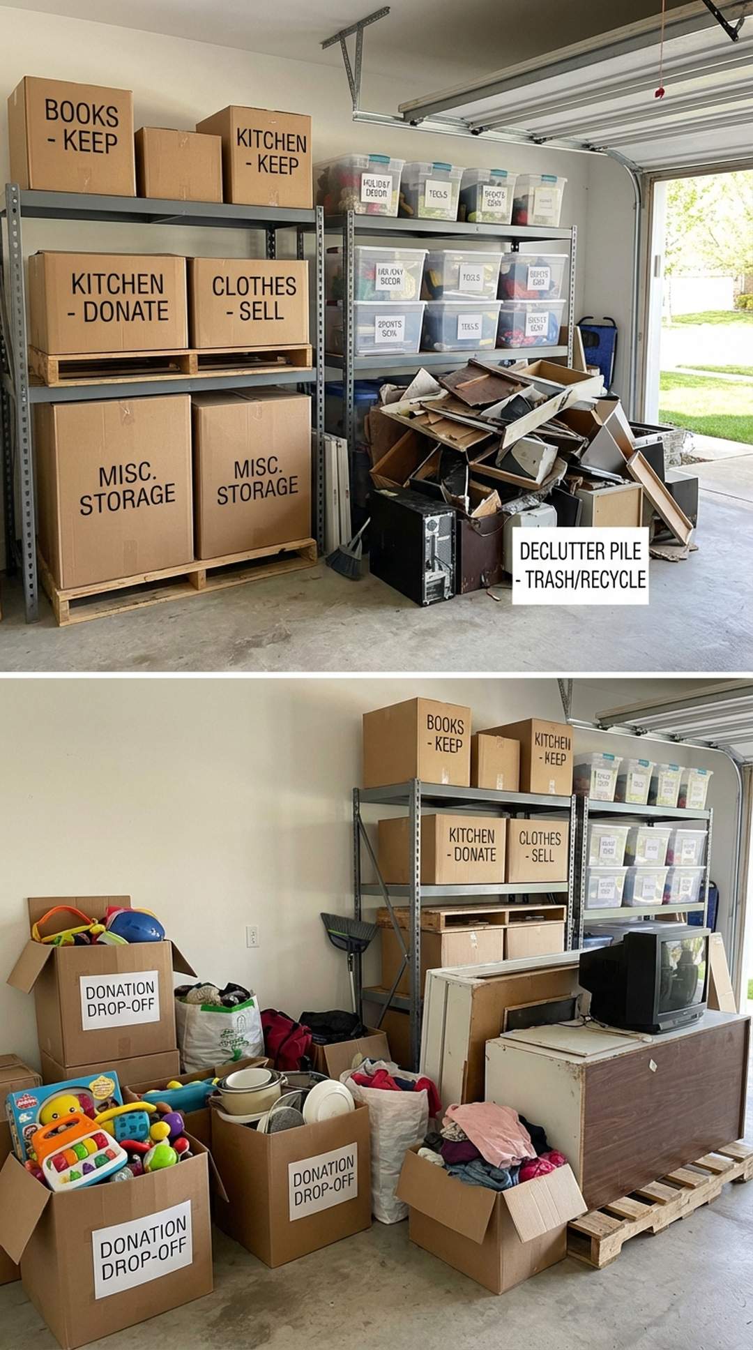 Organized donation boxes in garage