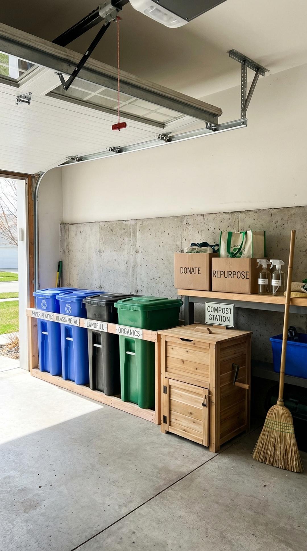 Organized recycling bins in garage