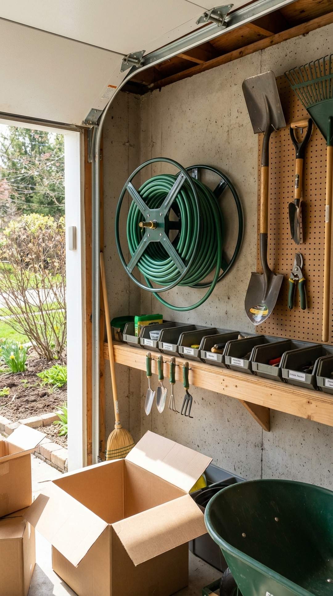 Wall-mounted hose reel with organized hose