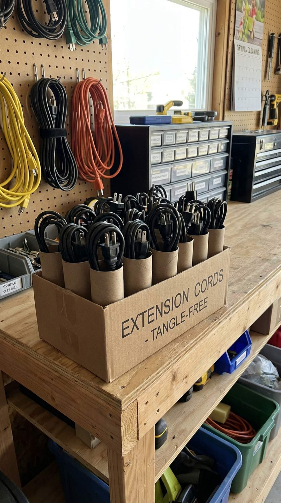 Extension cords organized in toilet paper rolls