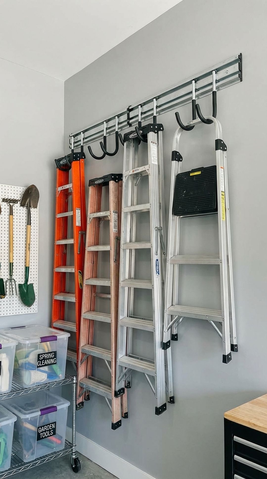 Ladders mounted on garage wall with hooks