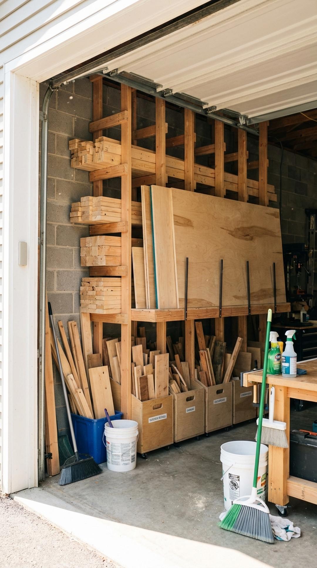 Vertical lumber rack with organized wood pieces