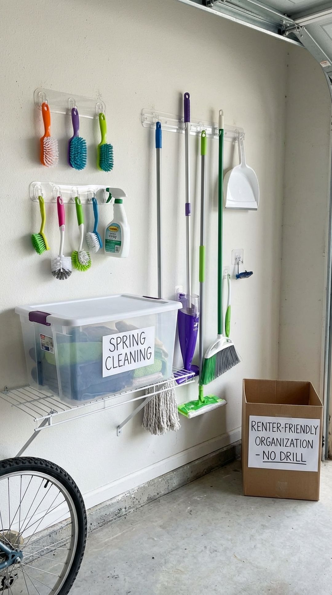 Command hooks holding cleaning supplies without drilling