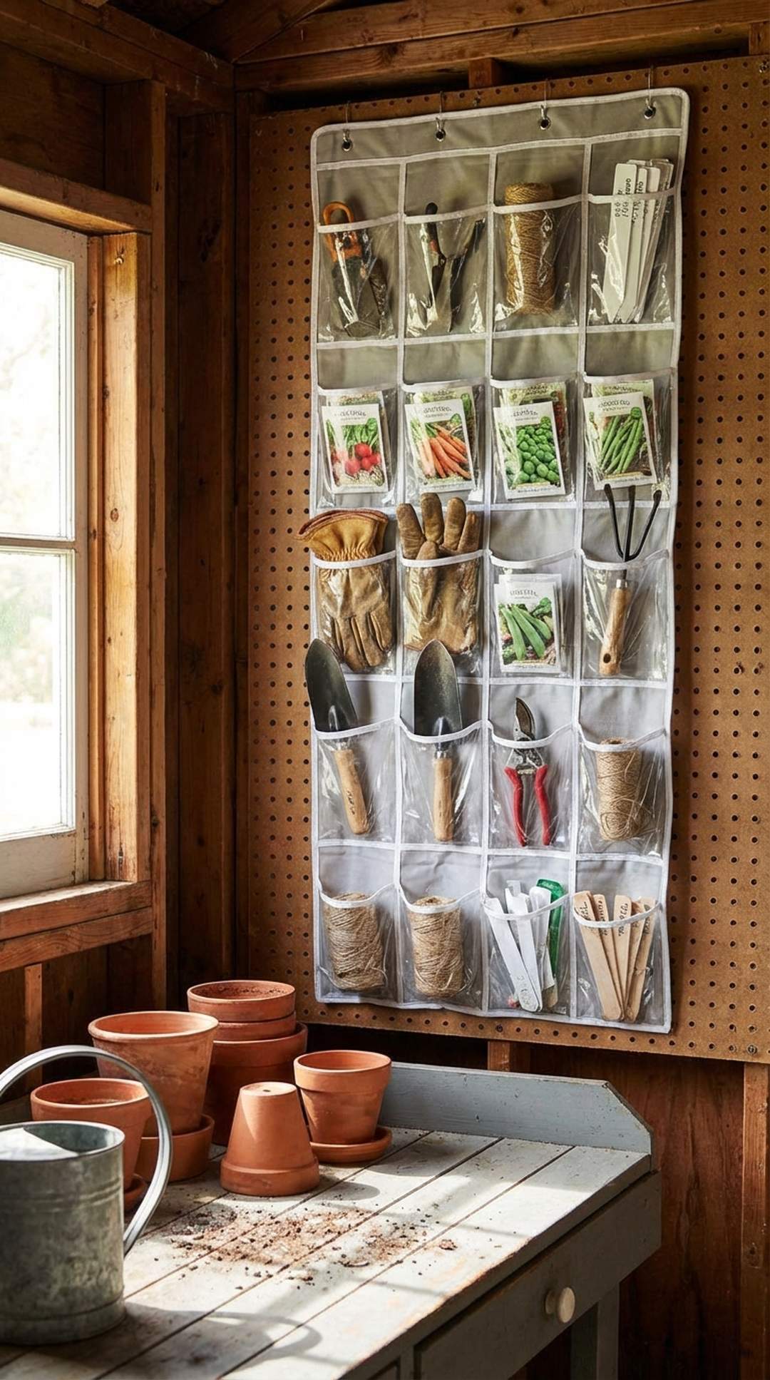 Clear shoe organizer storing small garage items