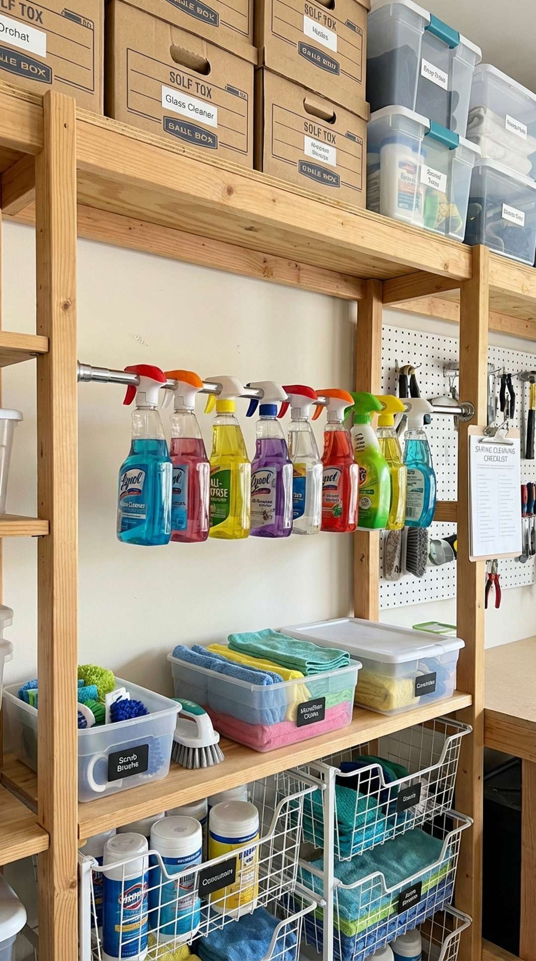 Tension rod holding spray bottles under shelf