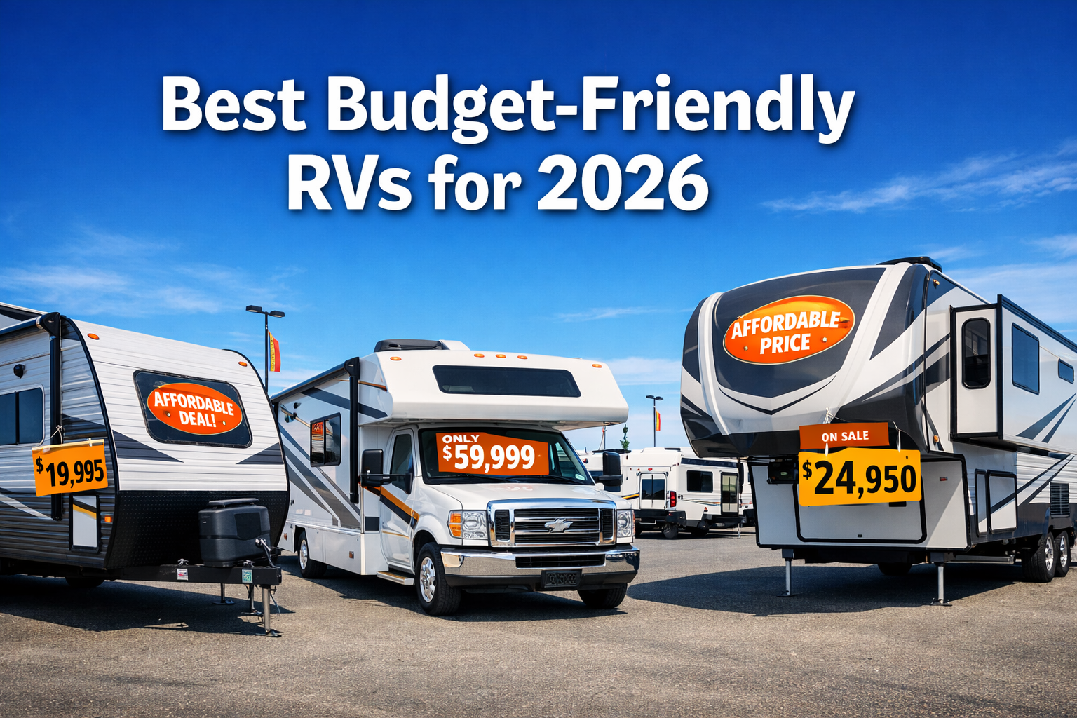 Professional landscape hero image (1536x1024) featuring bold text overlay 'Best Budget-Friendly RVs for 2026' in extra large 72pt white sans