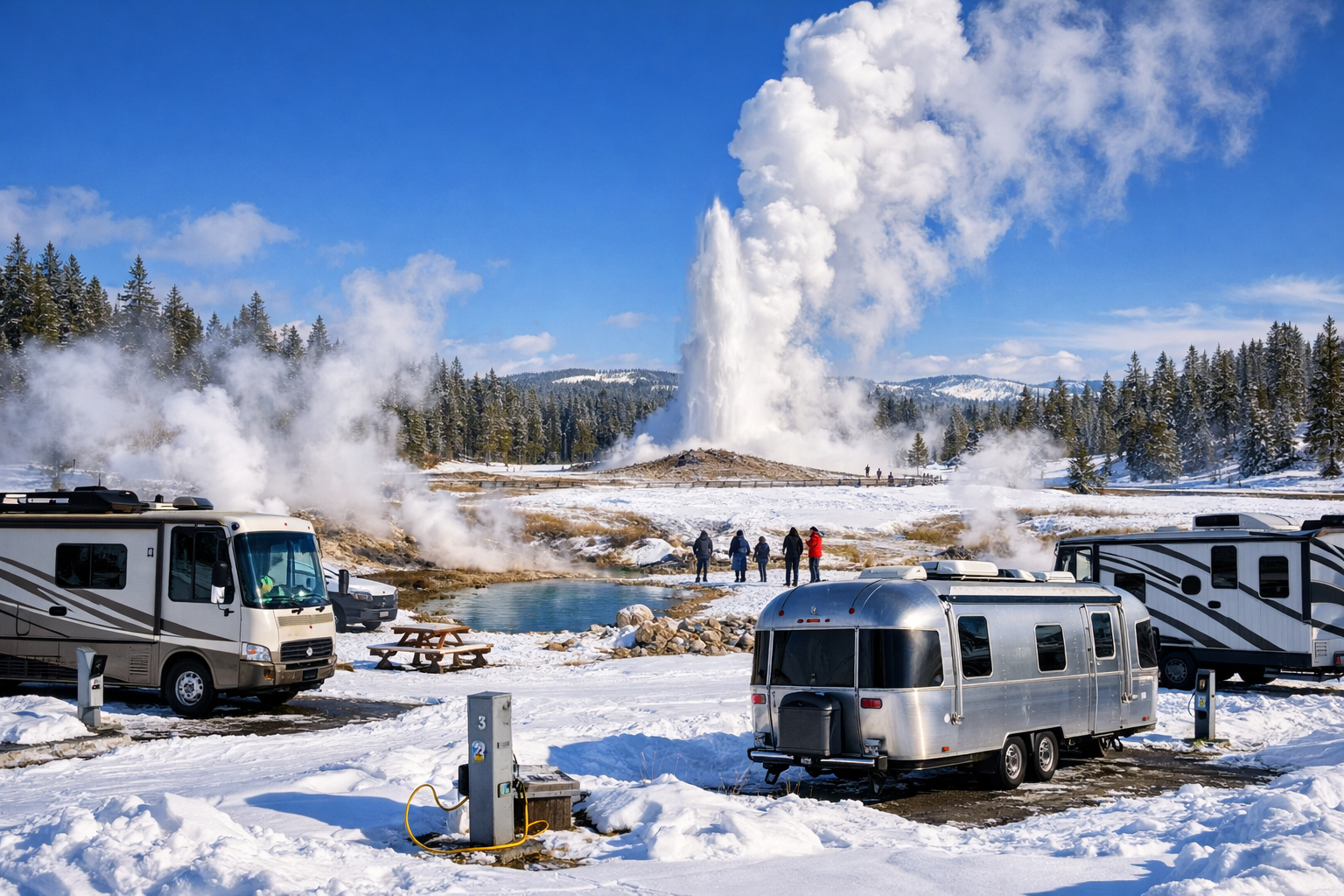 Detailed landscape image (1536x1024) showing luxurious RV campground in Yellowstone National Park during winter, with multiple RVs positione