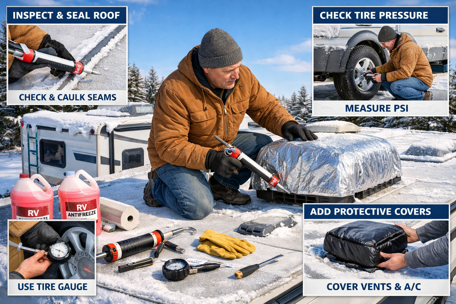 Detailed landscape image (1536x1024) showing RV exterior winterization process with owner inspecting roof seals, checking tire pressure with