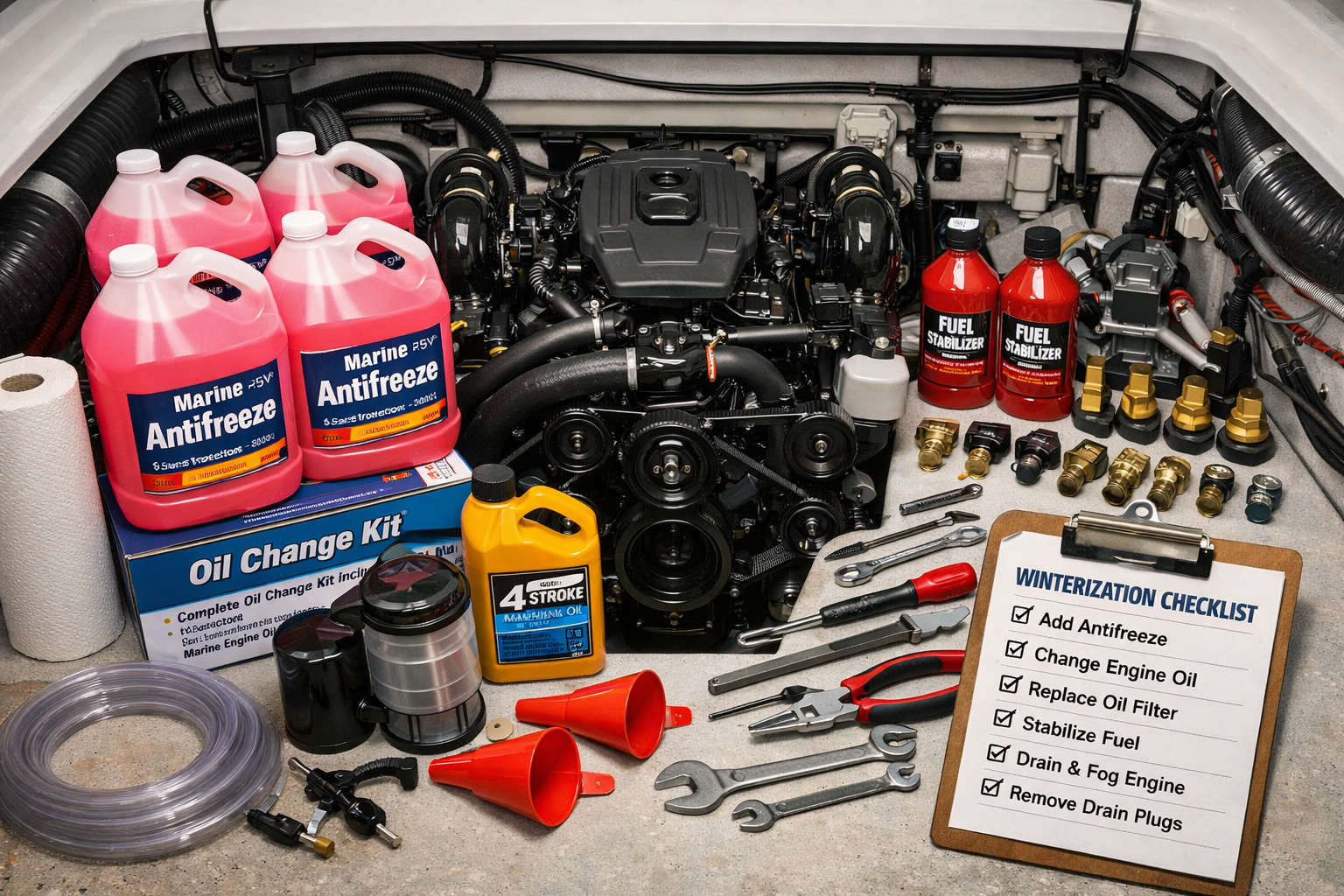 Detailed landscape image (1536x1024) showing boat engine compartment with winterization supplies laid out systematically - antifreeze contai