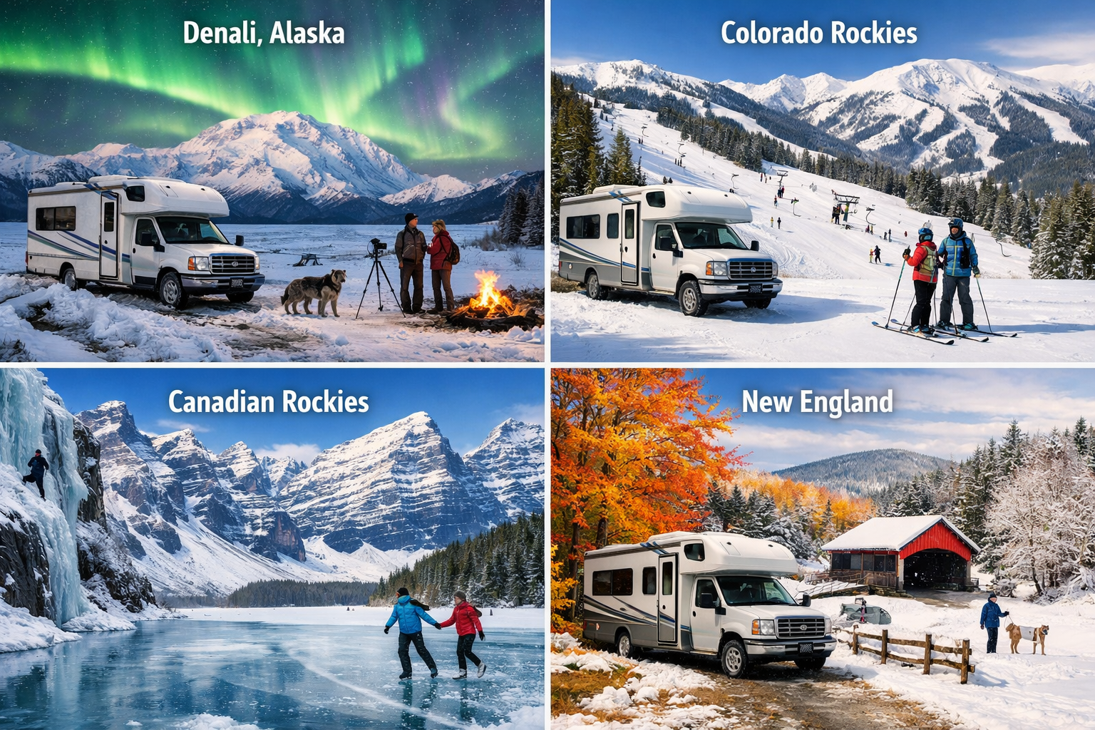 Comprehensive landscape image (1536x1024) displaying split-screen comparison of four different cold-weather RV destinations: Alaska's Denali