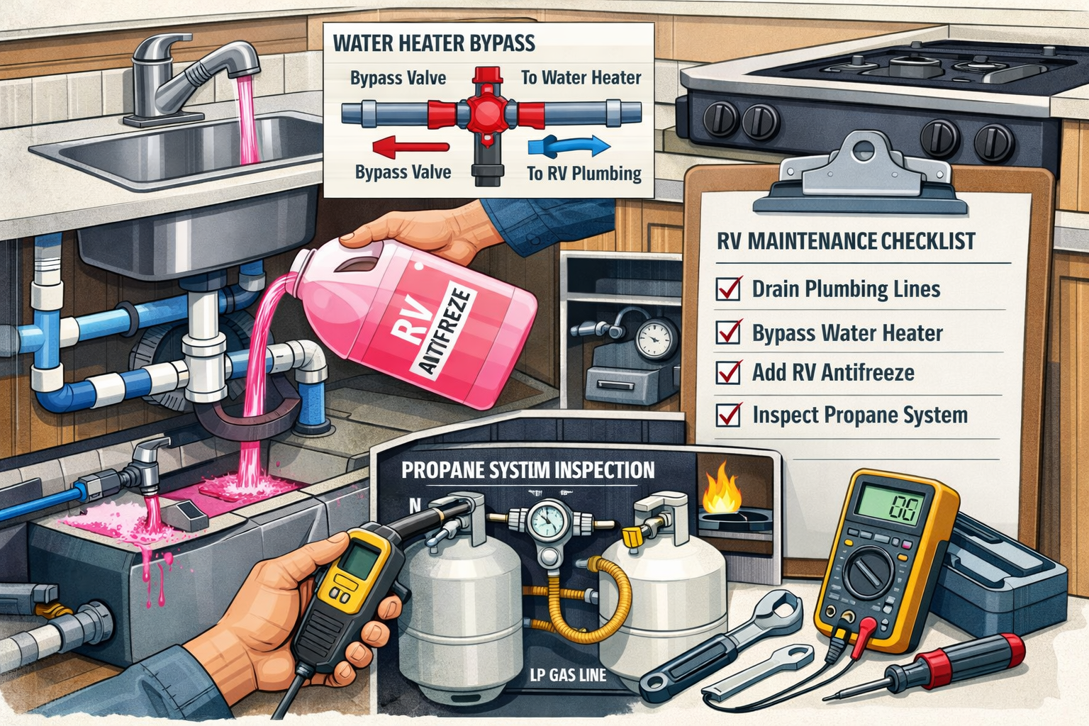 Professional landscape image (1536x1024) depicting RV interior systems maintenance with cross-section view showing plumbing lines being drai