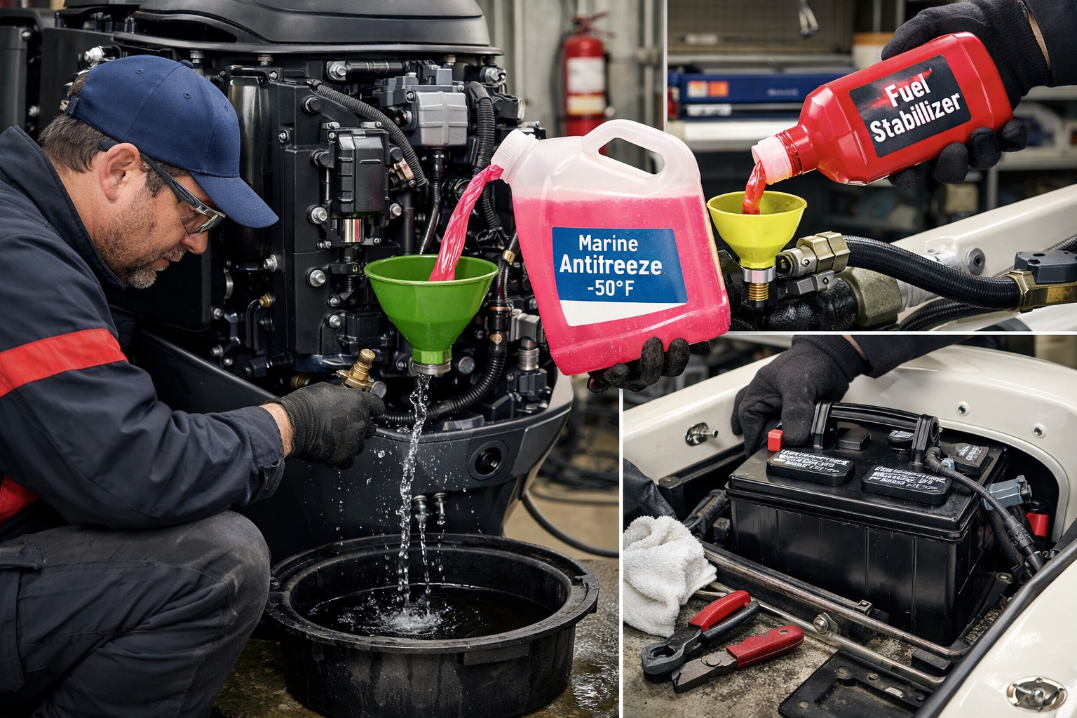Professional landscape image (1536x1024) depicting boat engine winterization process with mechanic draining cooling system, antifreeze being