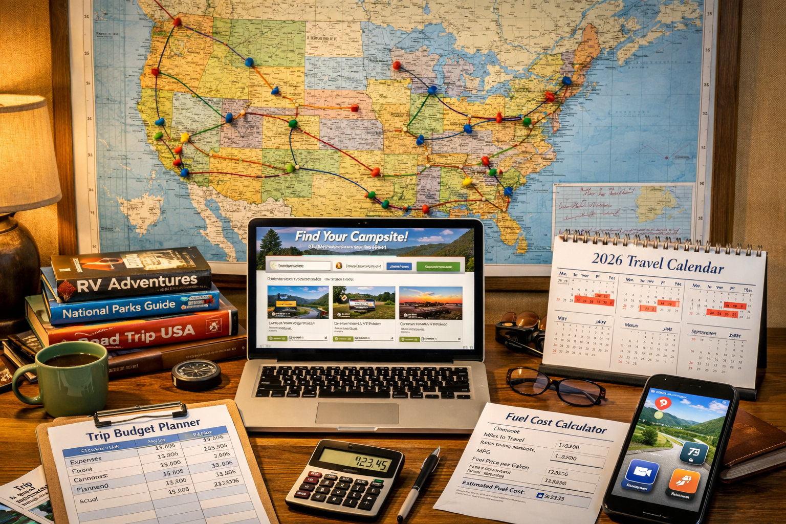 Landscape image (1536x1024) featuring detailed RV trip planning setup with large wall map of North America marked with colorful pins and rou