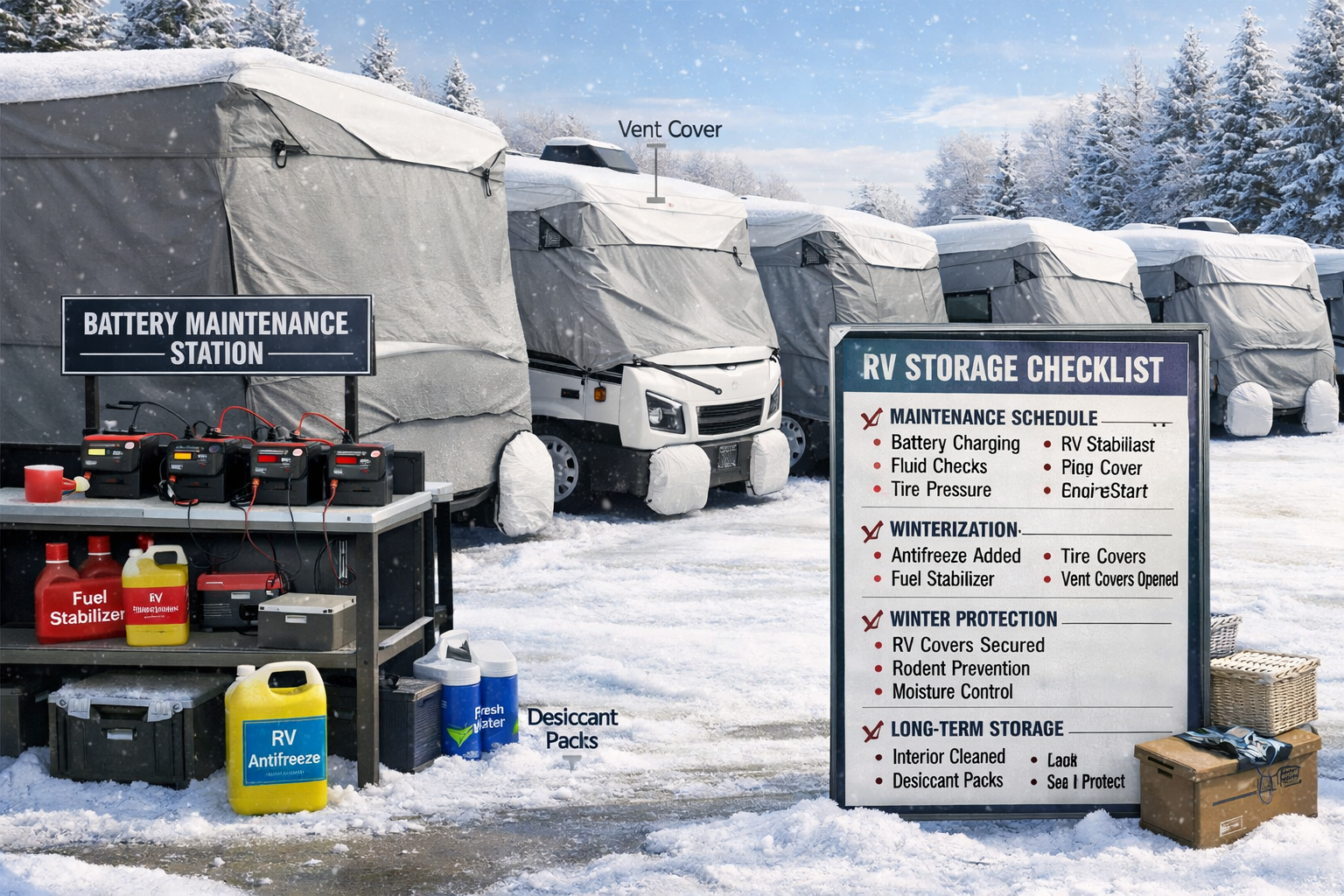 Landscape image (1536x1024) showing organized RV storage facility in winter with properly prepared motorhomes covered and secured. Scene inc