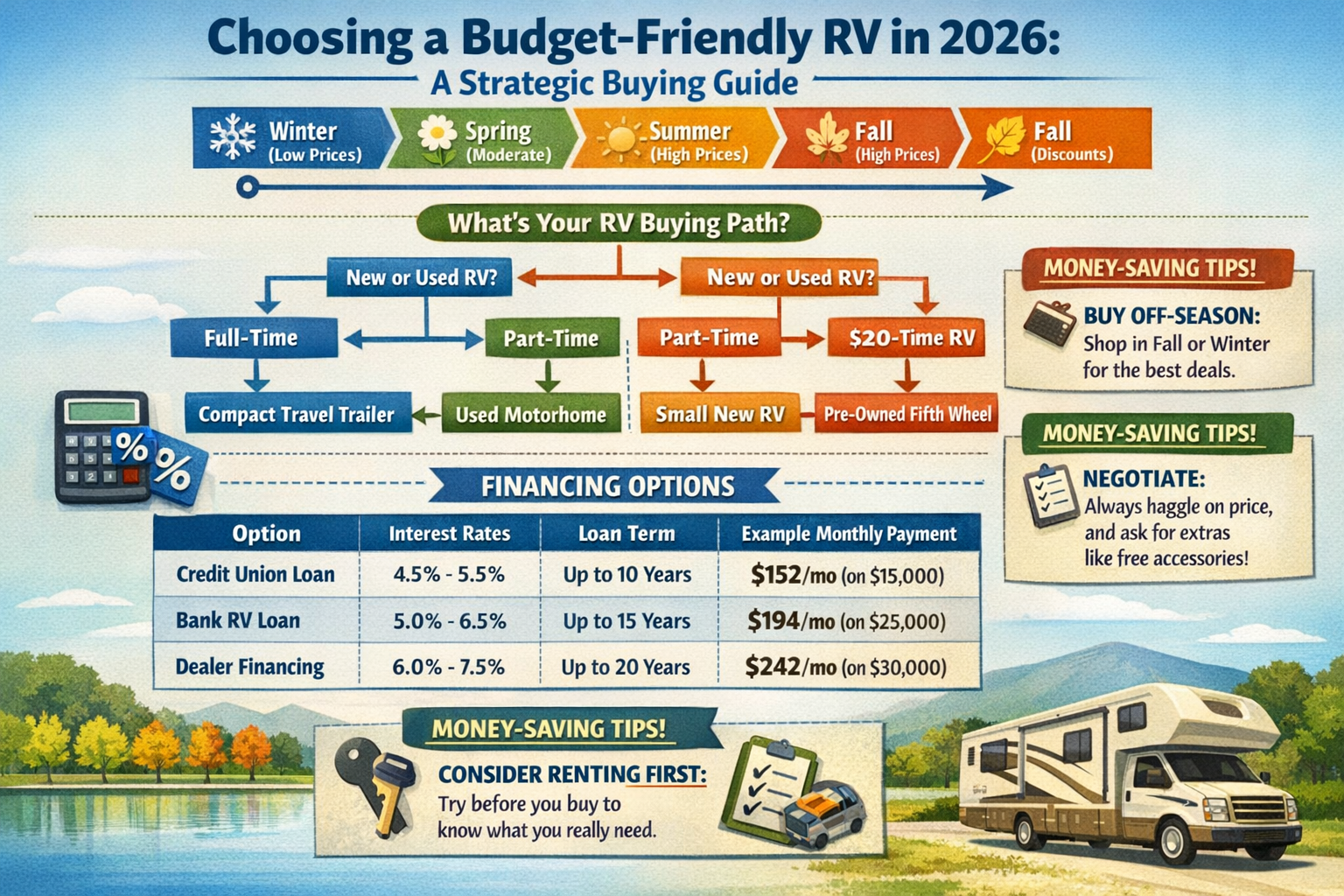 Strategic buying guide infographic featuring decision tree flowchart for choosing budget-friendly RVs in 2026, including financing options c