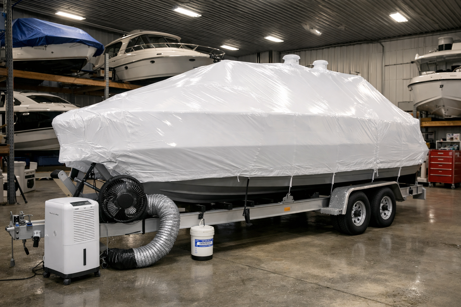 Landscape image (1536x1024) showing boat properly stored for winter - covered with quality shrink wrap or tarp, stored in heated indoor faci