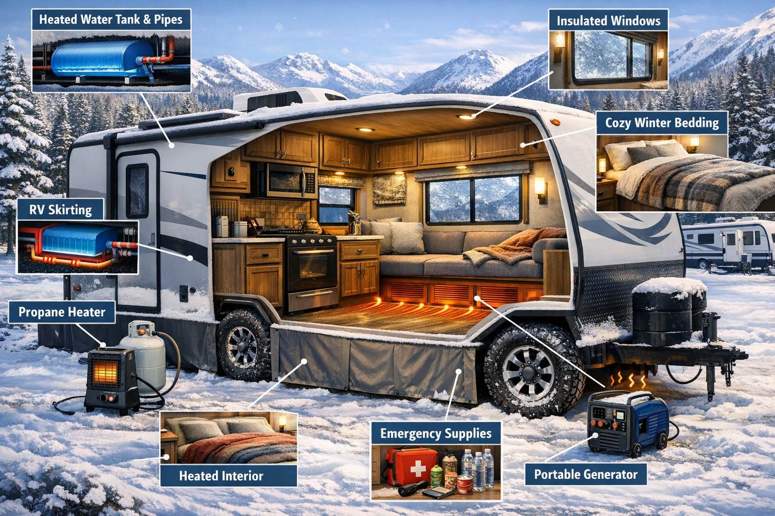 Detailed landscape image (1536x1024) showing essential cold-weather RVing preparation scene with cutaway view of winterized RV interior feat