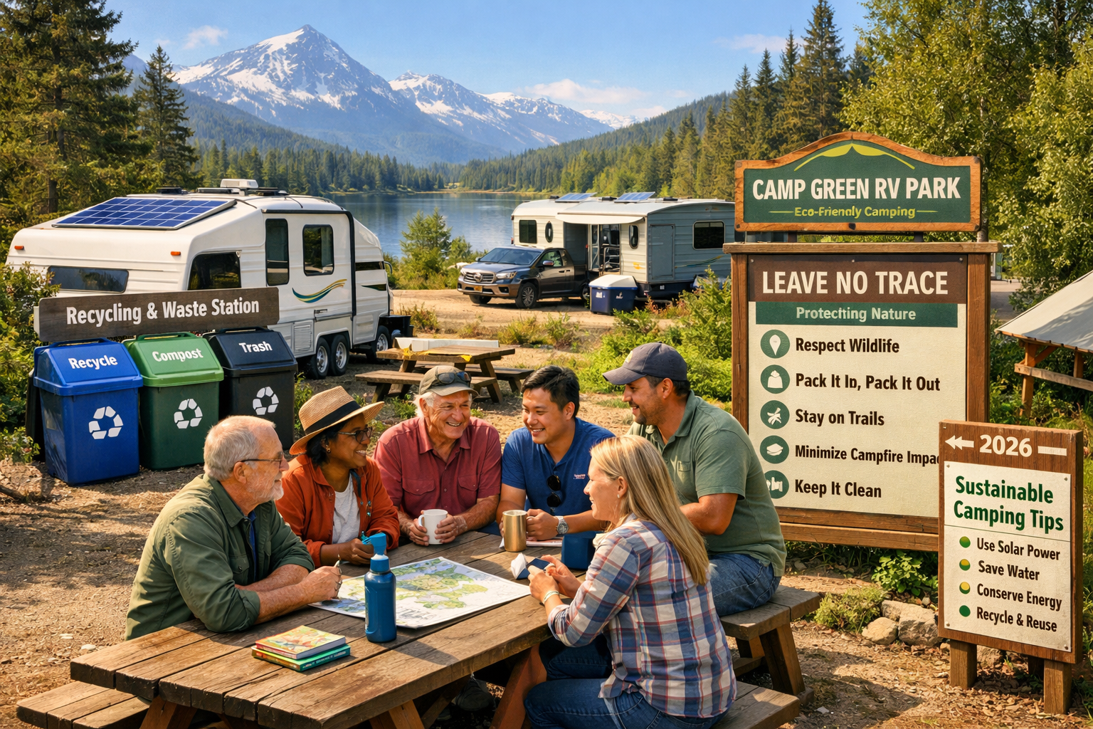 Landscape image (1536x1024) showcasing RV community and environmental responsibility - scene includes diverse group of RV enthusiasts at eco