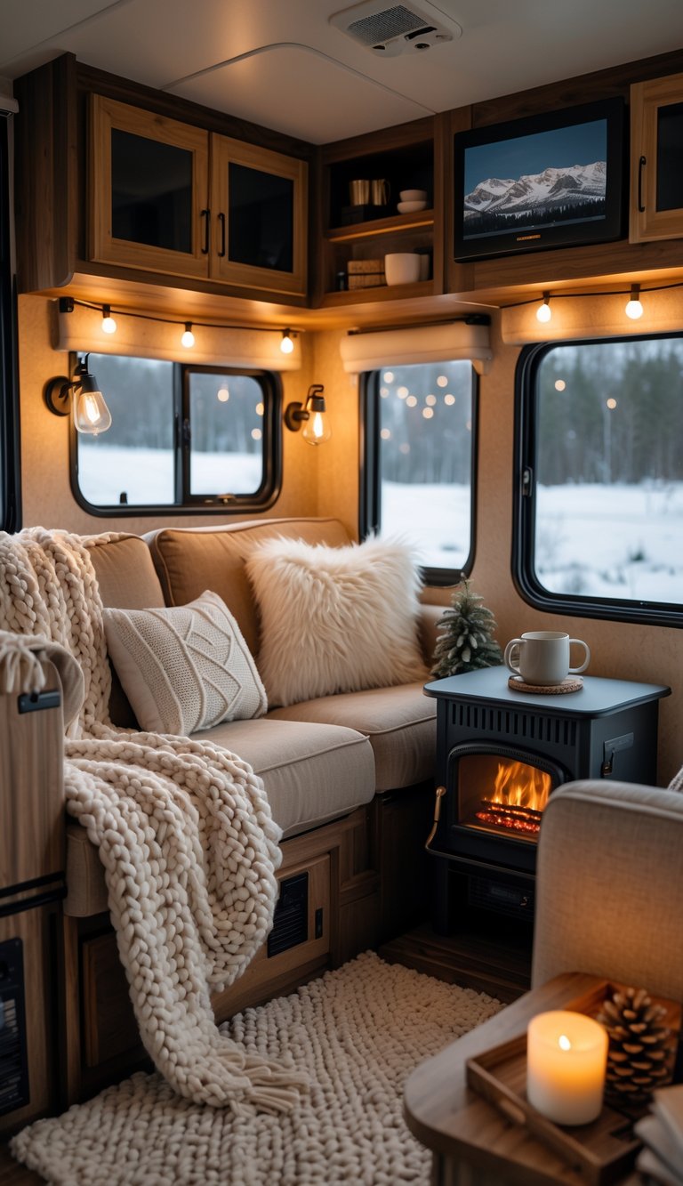 Cozy RV living room with warm lighting, soft seating, blankets, a heater, and snowy landscape visible through windows.