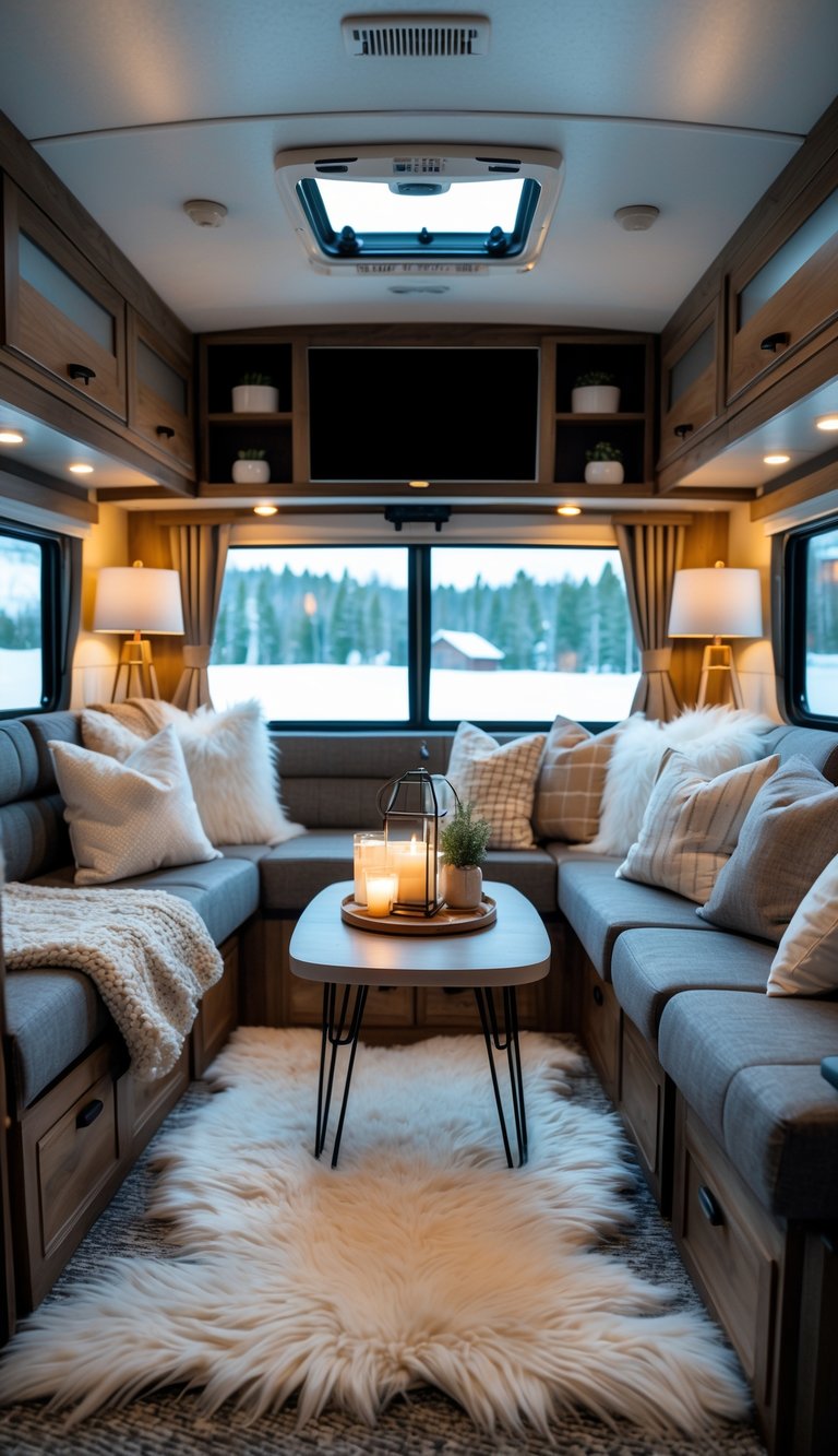 Cozy RV living room with a coffee table on a faux fur rug, surrounded by comfortable seating and warm lighting.