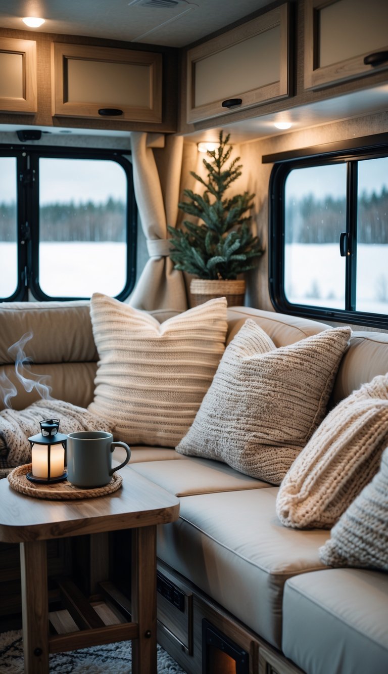 Cozy RV living room with weatherproof cushions, a small table with a mug and blanket, and snowy landscape visible through large windows.