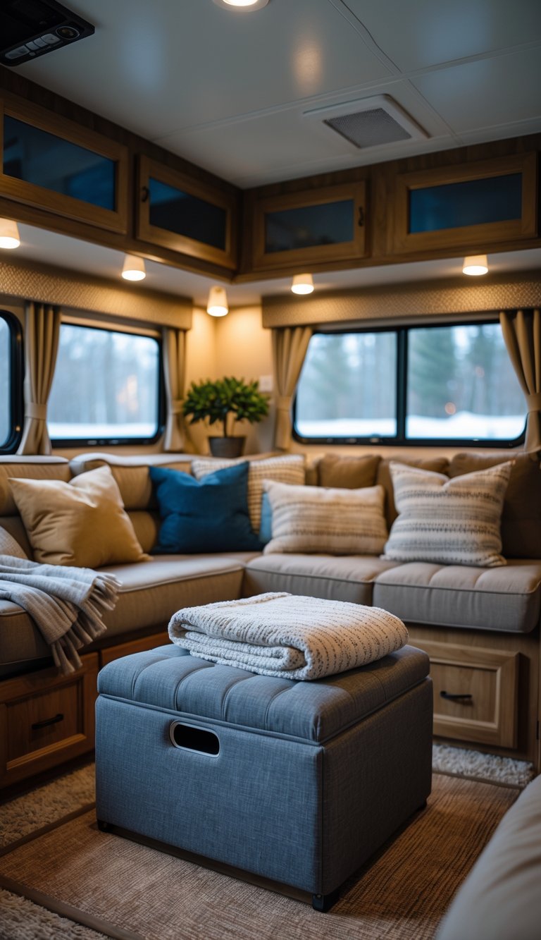Cozy RV living room with a storage ottoman open to show blankets and pillows inside, surrounded by comfortable seating and warm lighting.