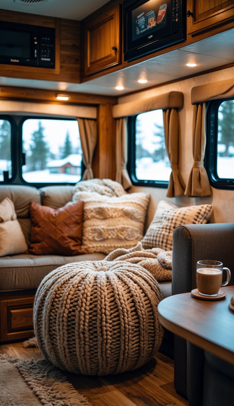 Cozy RV living room with a chunky knit pouf used as extra seating, warm lighting, and snowy outdoors visible through the windows.
