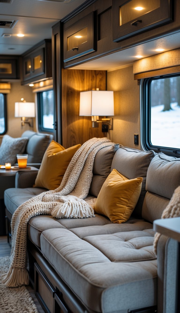 Interior of an RV living room with a convertible sleeper sofa, warm blankets, pillows, and a snowy landscape visible through the window.